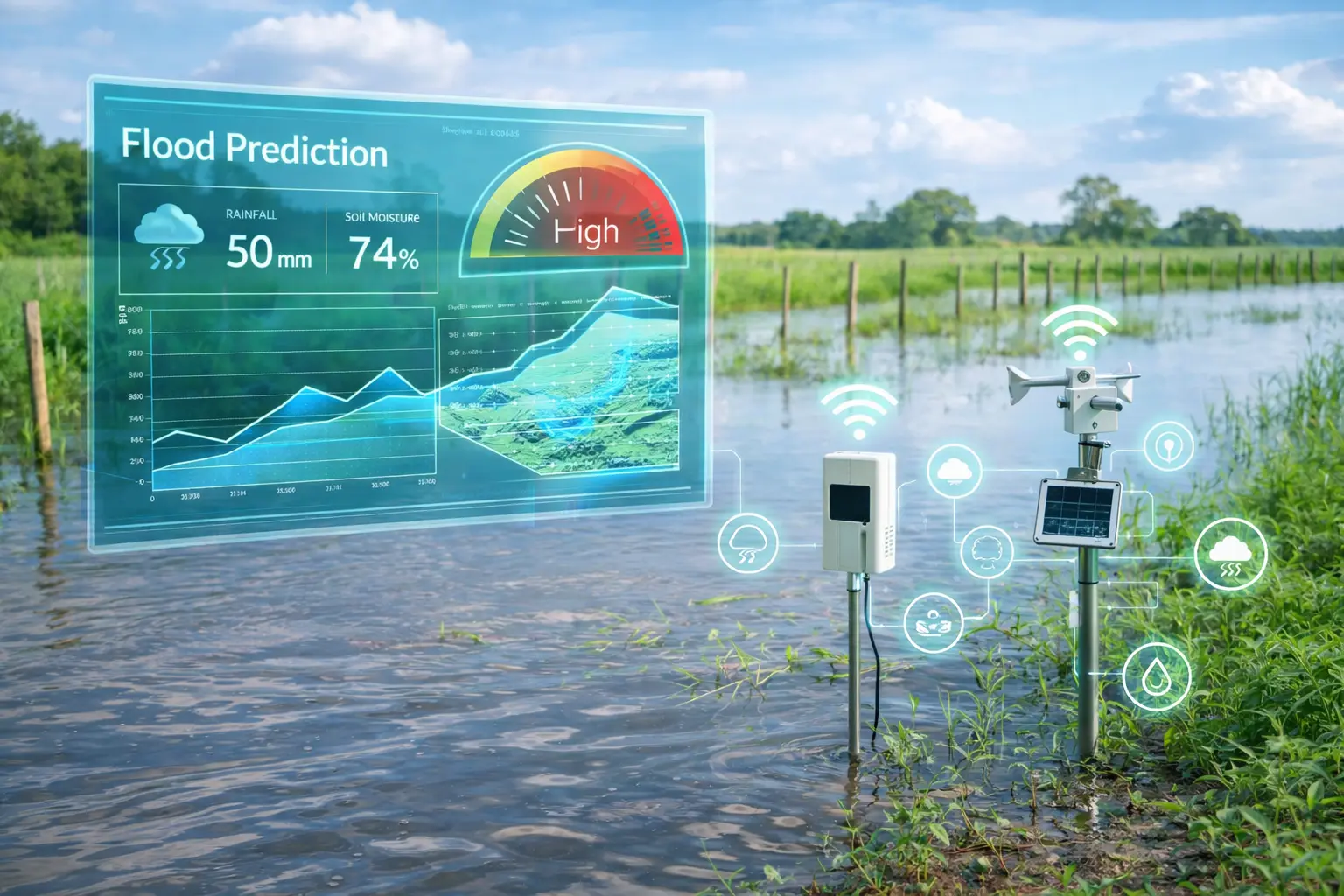 Campo agrícola con sensores IoT monitoreando suelo y lluvia para predecir riesgo de inundación con dashboard de machine learning