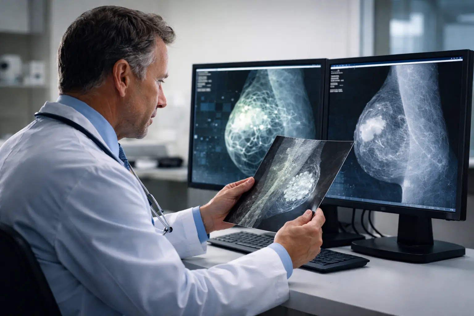 Radiólogo revisando imágenes de mamografía sintéticas generadas con aumento de imágenes médicas basado en GAN