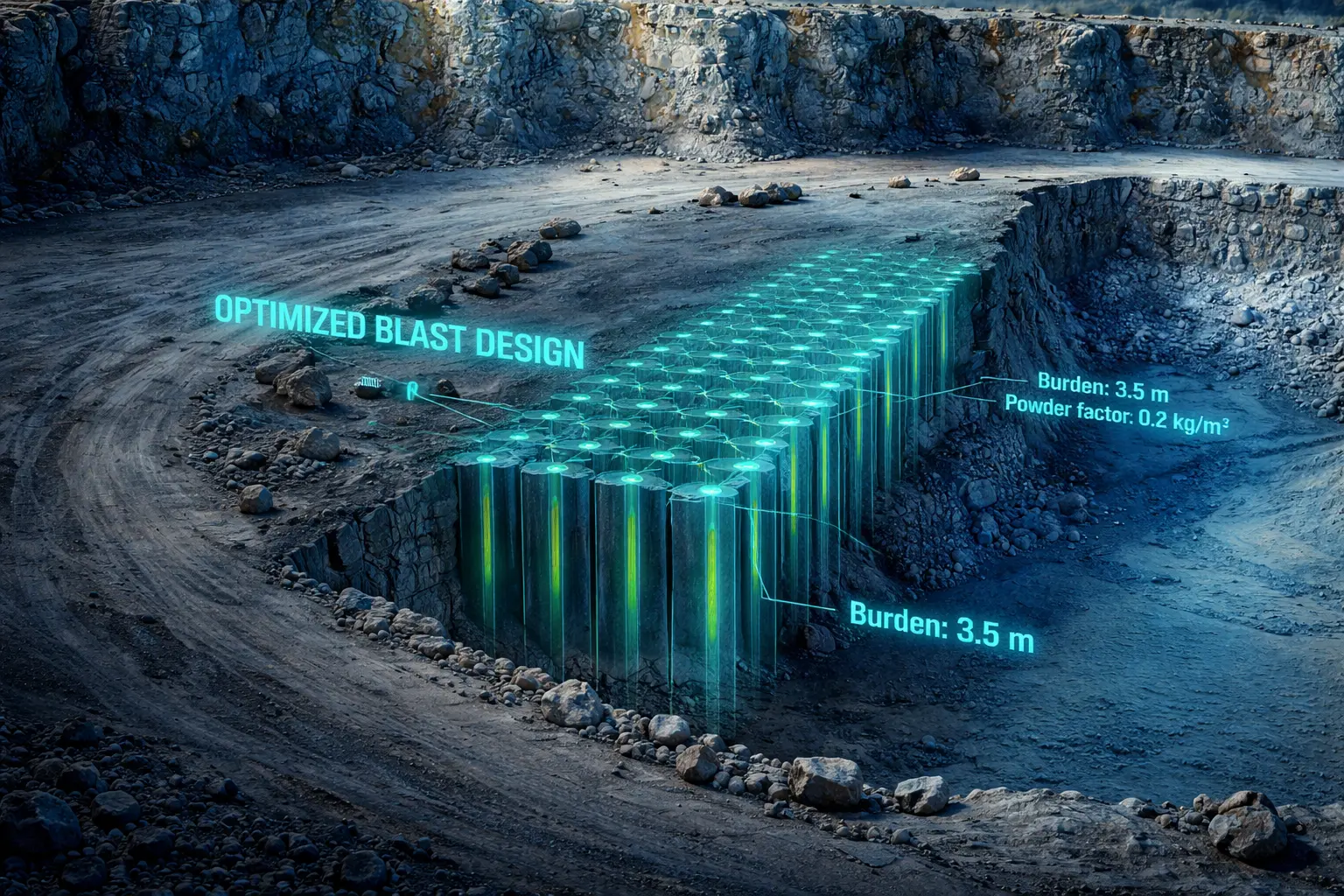 Diseño de malla de voladura en minería a cielo abierto con optimización de explosivos y análisis de fragmentación con machine learning